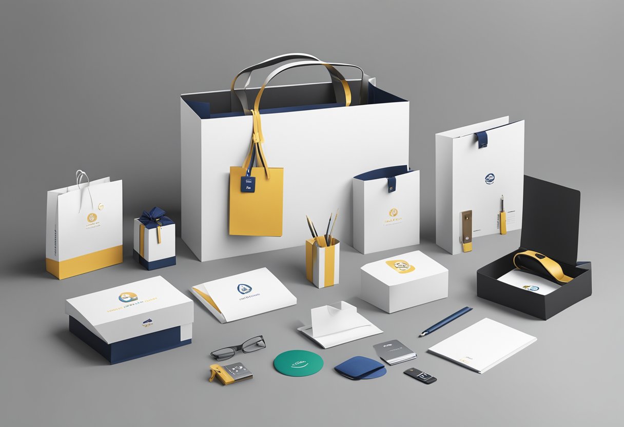 A table displays branded gift boxes and bags with company logos, alongside elegant stationery and tech accessories