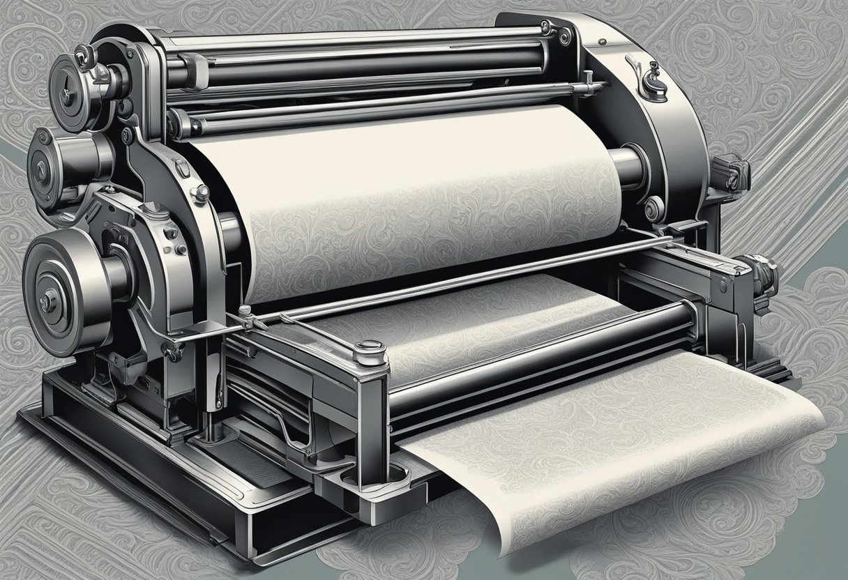 A printing press rolls over textured paper, creating raised patterns. Light reflects off the embossed surface, adding depth and dimension to the design