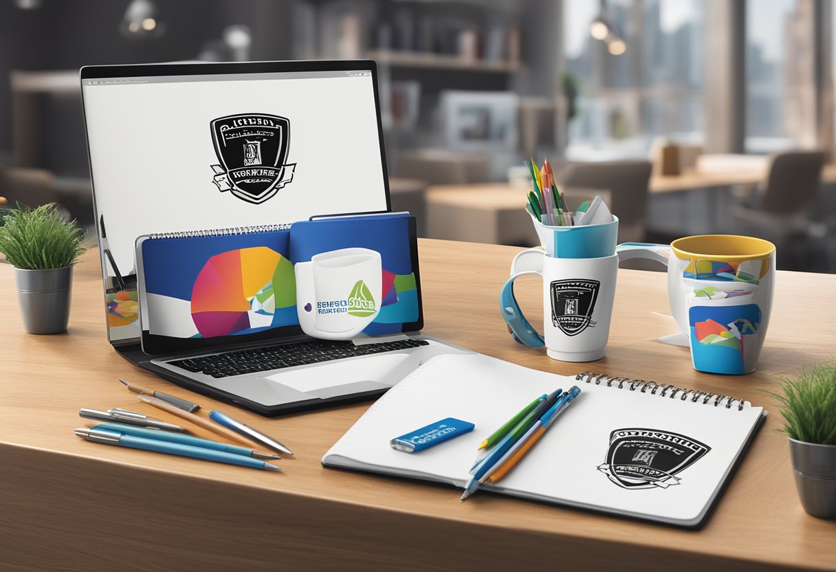 A table adorned with custom-branded gifts, including mugs, notebooks, and pens, with a company logo prominently displayed