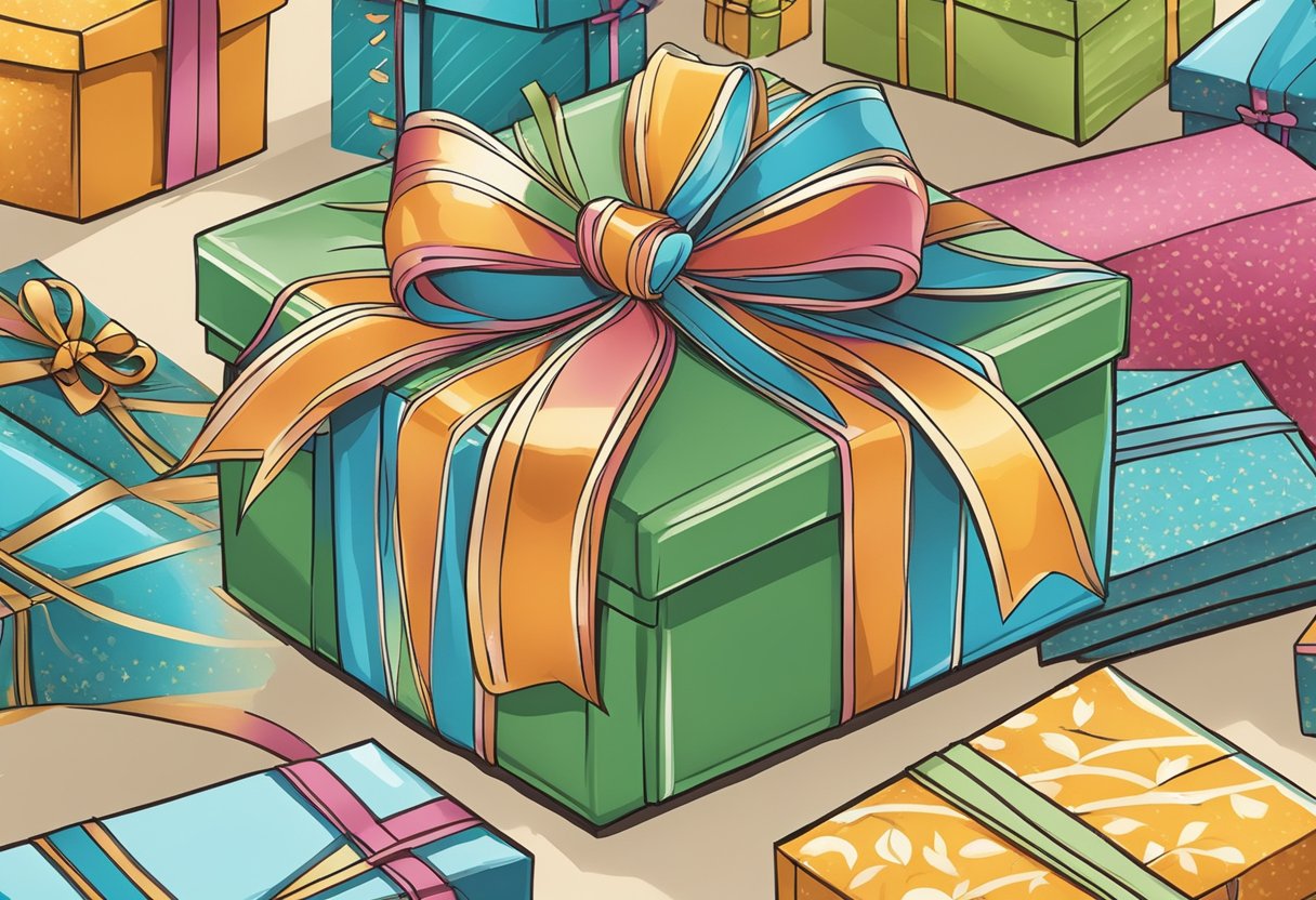 A handcrafted gift box with personalized engraving, surrounded by vibrant wrapping paper and decorative ribbons
