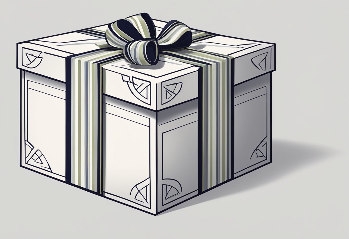 A hand reaches for a sleek, personalized gift box among a variety of options. The box is neatly wrapped and adorned with the company's logo, reflecting professionalism and thoughtfulness