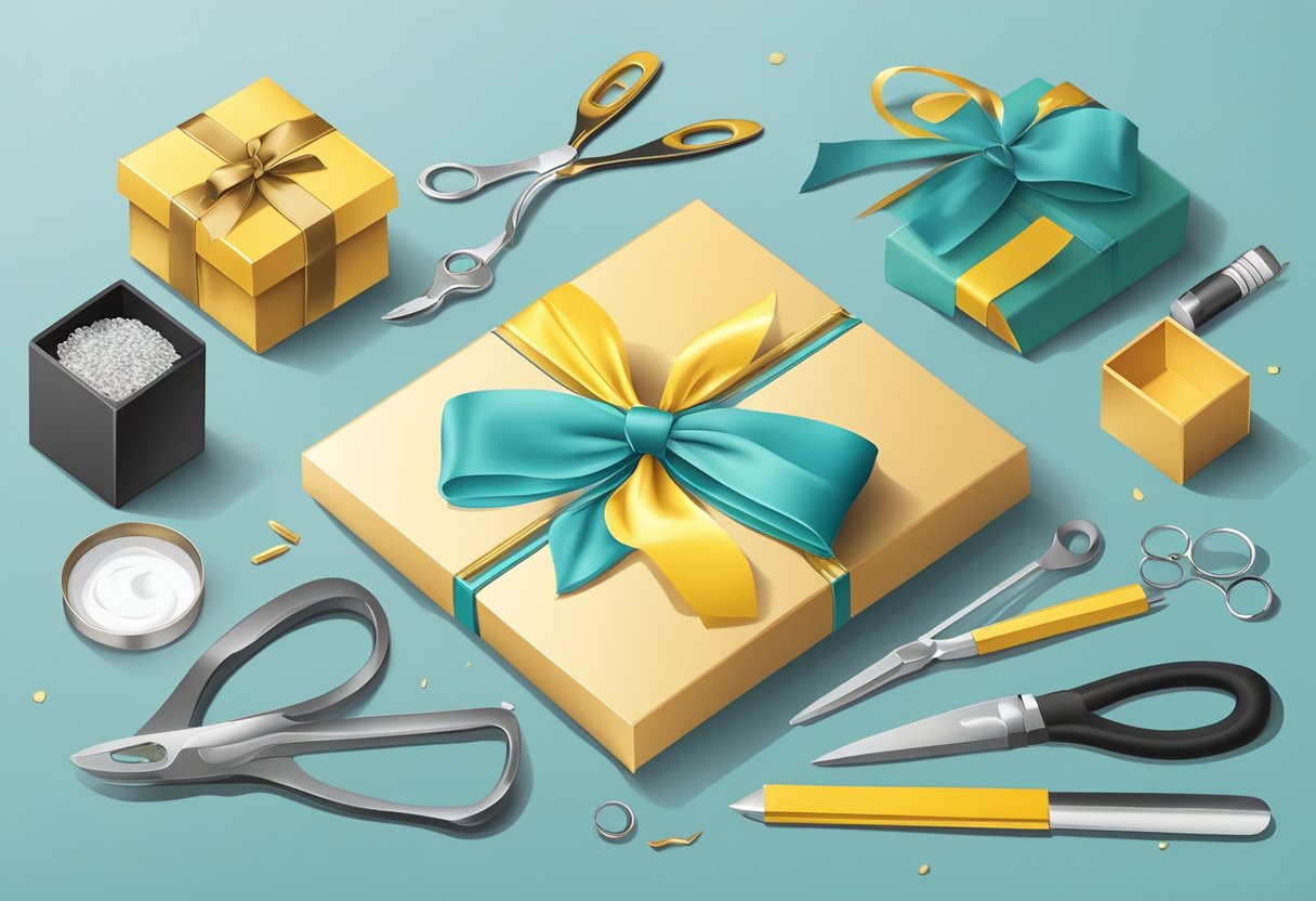 A table with a personalized gift box, surrounded by various tools and materials for customization