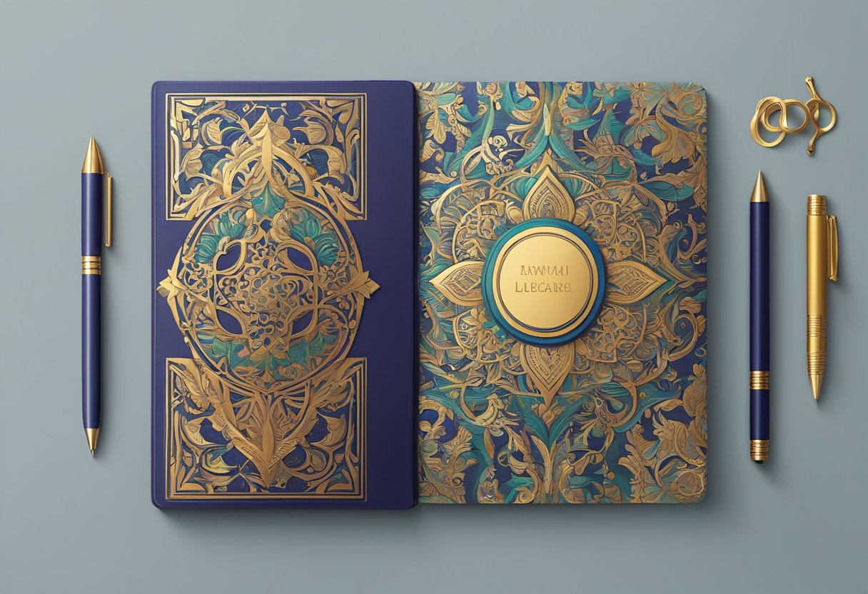 A customised notebook cover featuring vibrant colors and intricate patterns, with the owner's name elegantly embossed in gold lettering