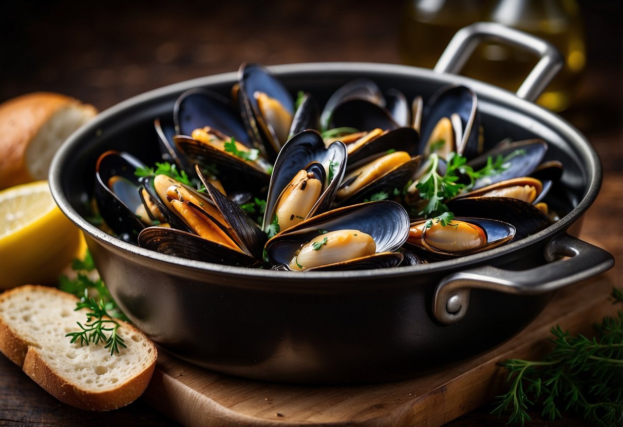Mussels simmer in white wine, garlic, and herbs in a large pot. A steaming bowl of mussels is served with crusty bread on the side