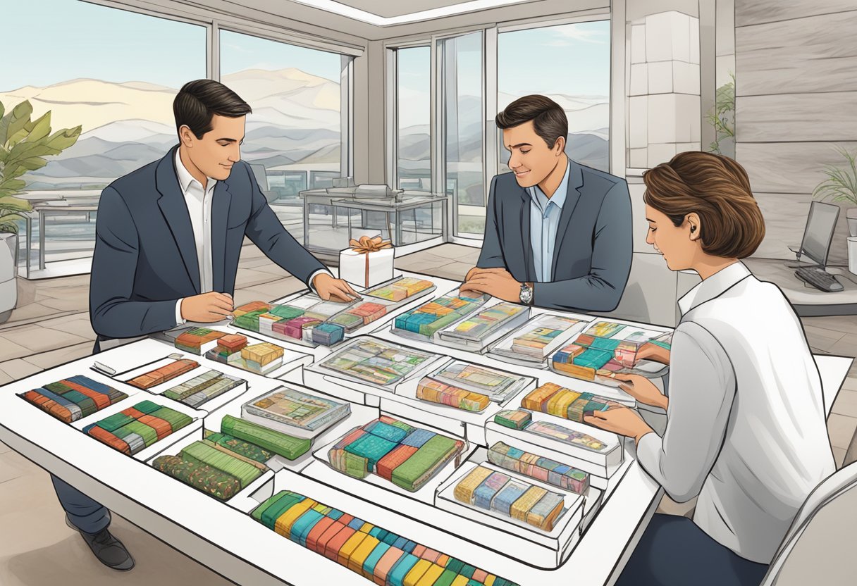 A table with custom gift options, company logos, and client names. A representative assisting a client with gift selection