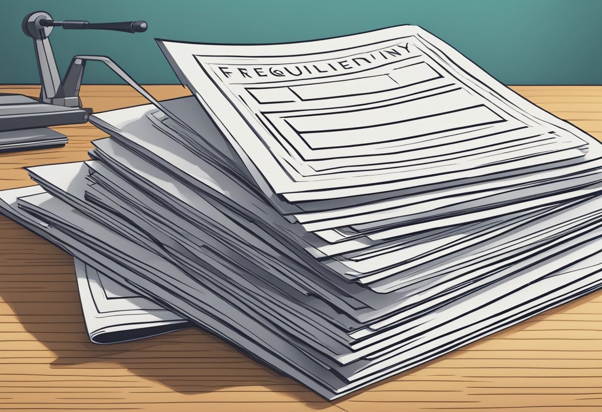 A stack of embossed "Frequently Asked Questions" papers on a desk, with a printing press in the background