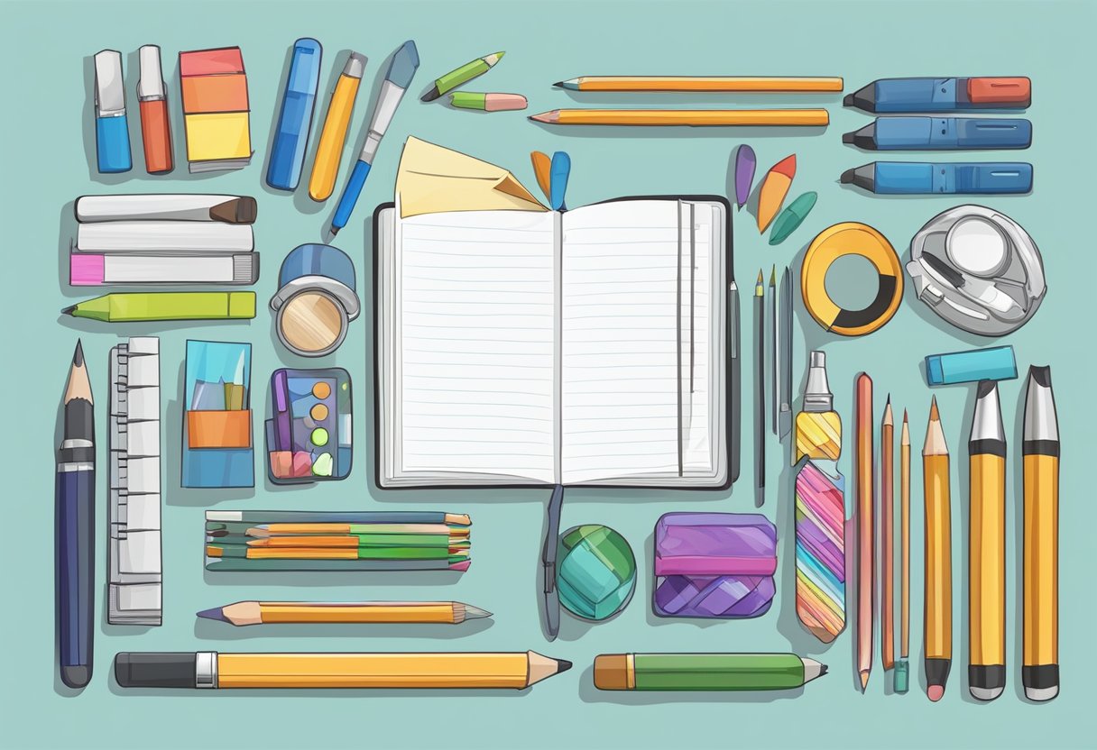 A table with various art supplies scattered around. A blank notebook cover with space for custom design