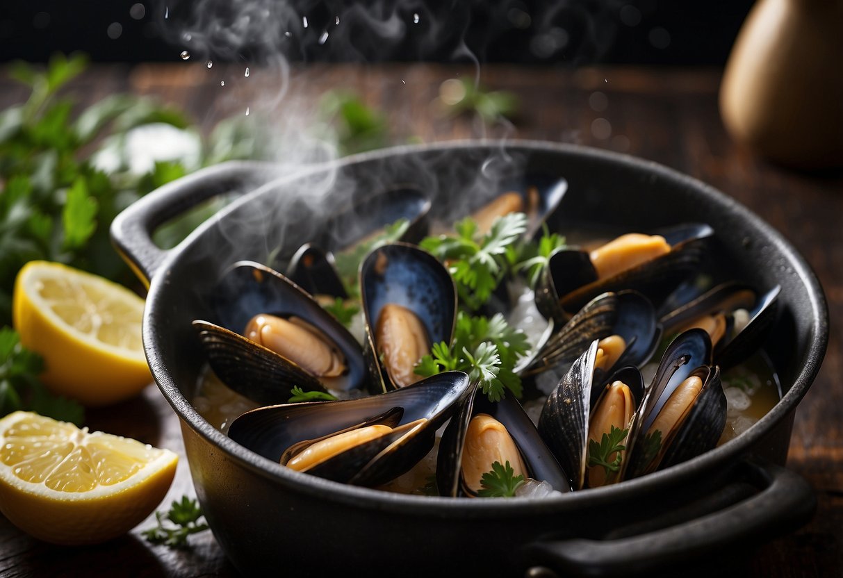 Mussels simmer in a fragrant white wine broth, steam rising from the pot. A sprinkle of fresh herbs adds color to the dish