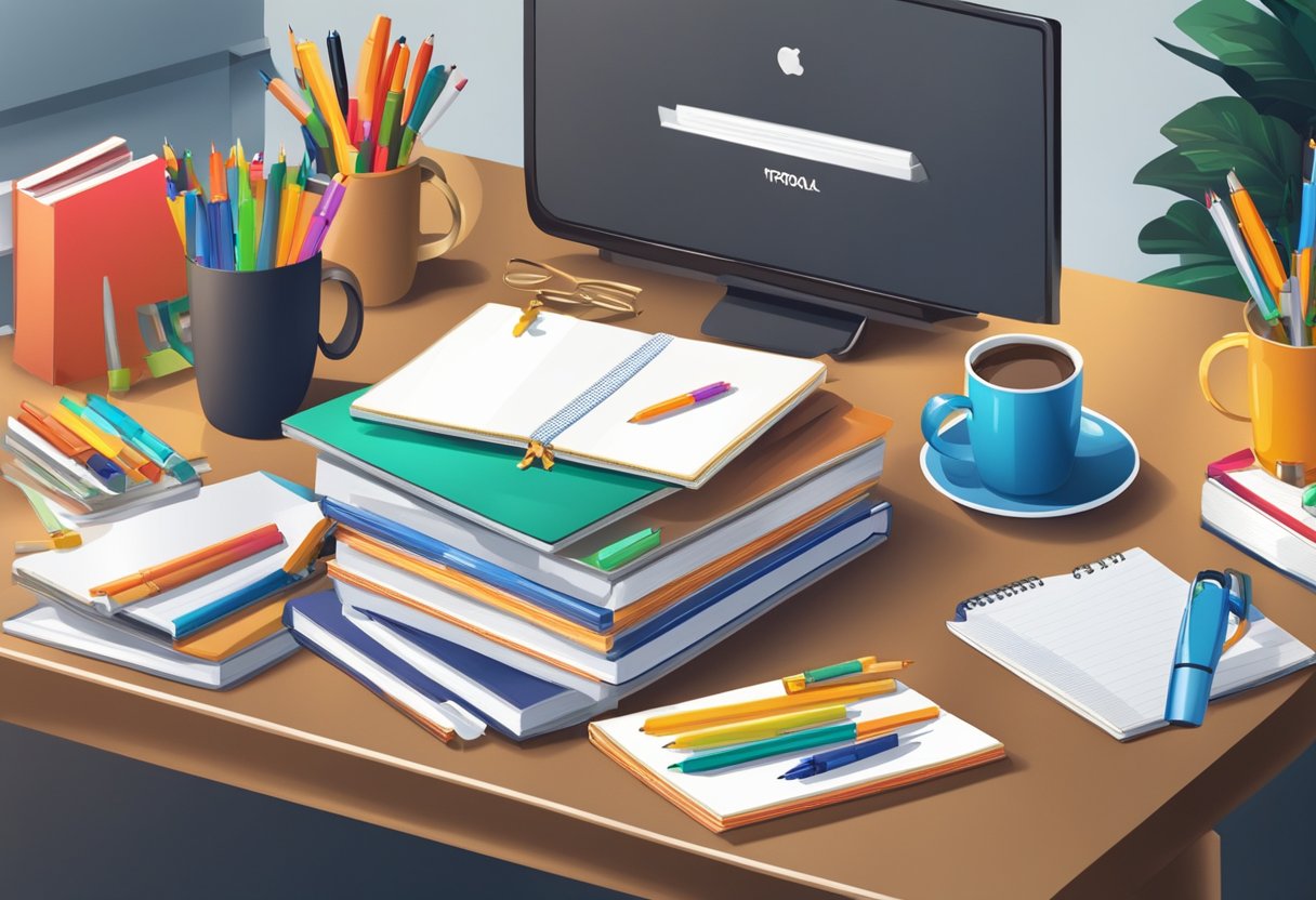 A table adorned with branded pens, notebooks, and mugs. A stack of gift boxes with company logos. A busy office with employees receiving and admiring the corporate gifts