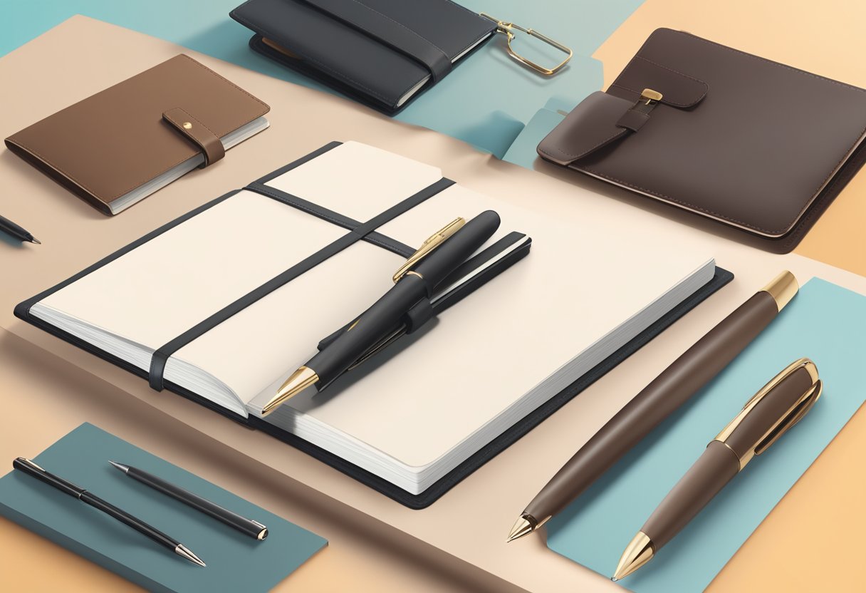 A hand reaches for a sleek pen set, next to a stack of branded notebooks and a display of elegant leather portfolios