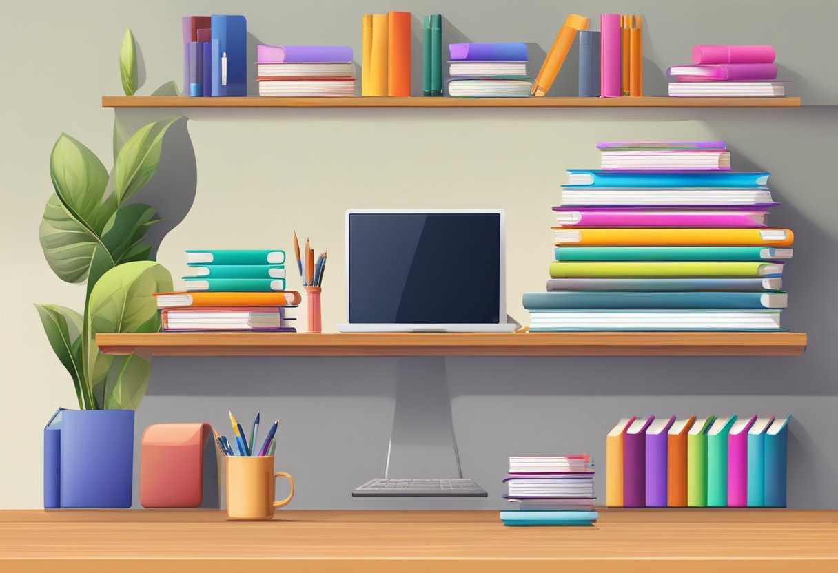 A table with stacks of journals, pens, and notebooks. A shelf filled with colorful journals of various sizes and designs. A desk with a computer and packaging materials for shipping