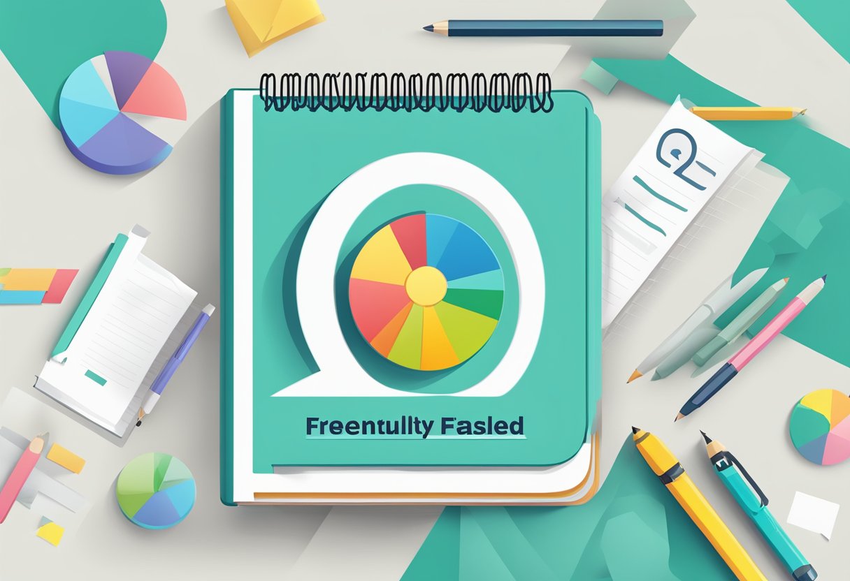 A notebook with "Frequently Asked Questions" written on the cover, surrounded by question marks and a sleek, modern design