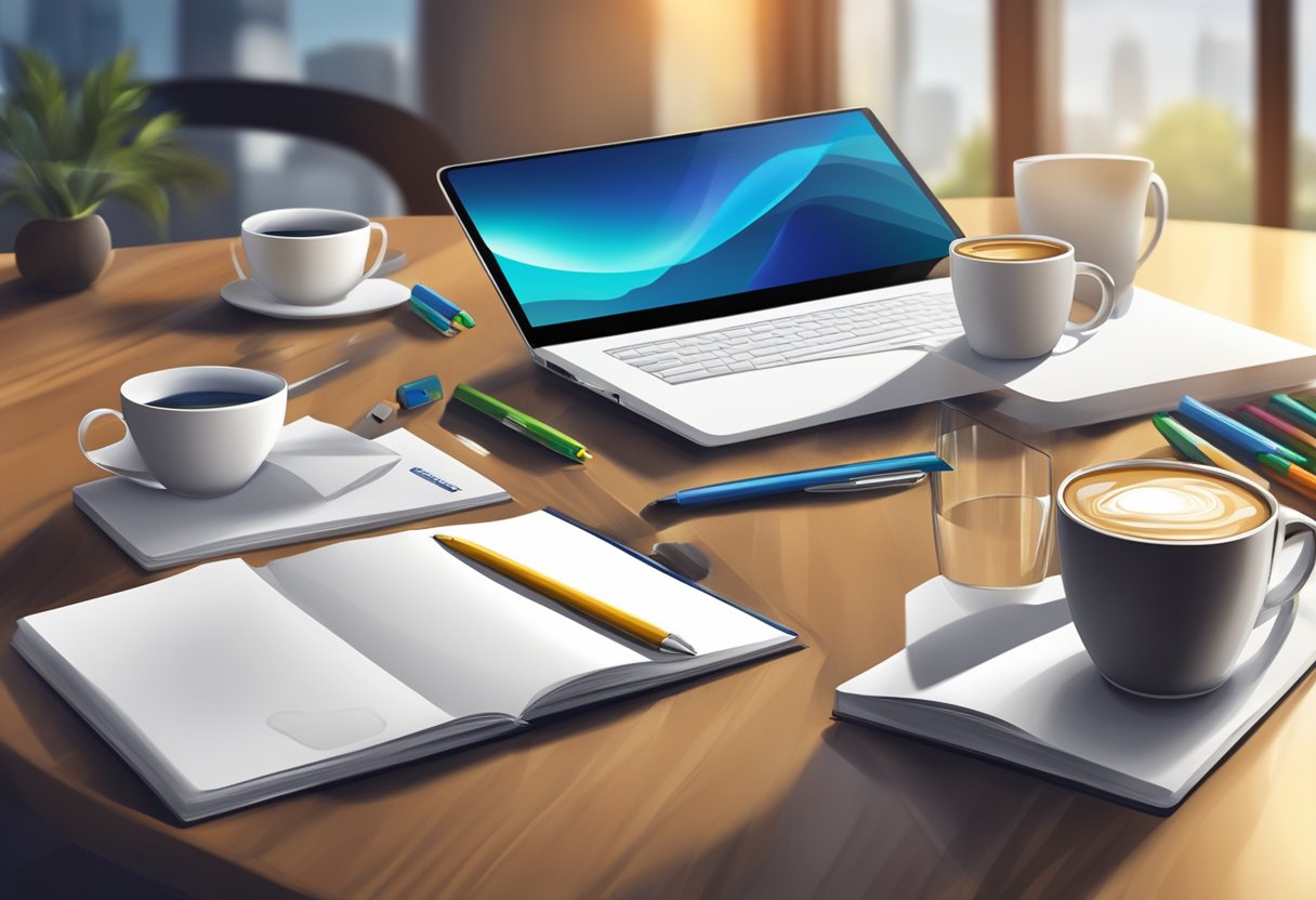 A table with branded pens, mugs, and notebooks. A company logo prominently displayed on each item. Bright and professional atmosphere