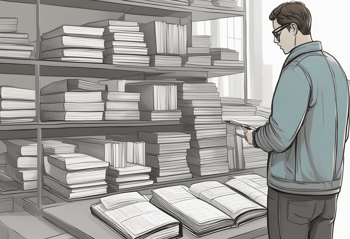 A table with various journals displayed, a checklist of supplier criteria, and a person evaluating the quality and price of each journal
