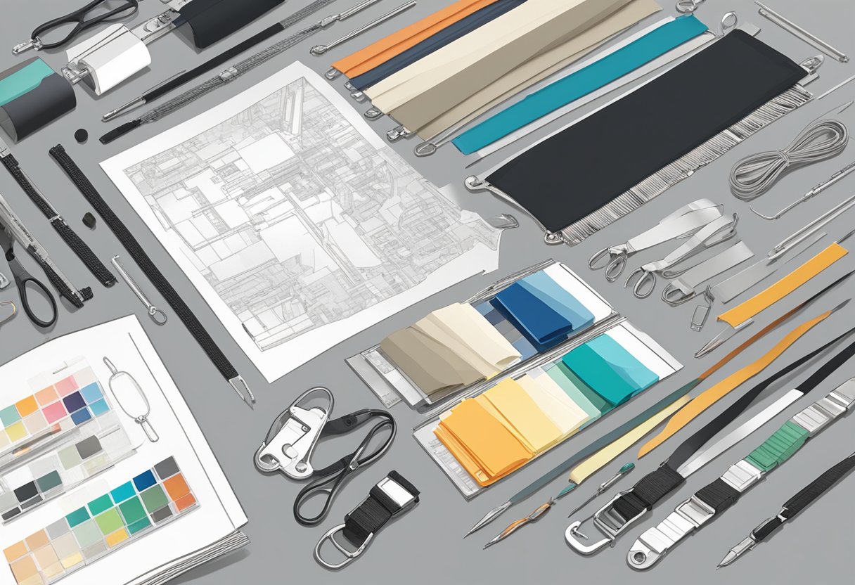 Lanyard materials laid out on a table with options such as nylon, polyester, and cotton, alongside printing equipment and designs