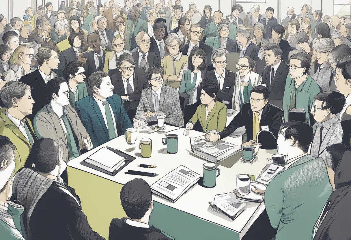 A table with branded merchandise, including mugs and pens, surrounded by a crowd of corporate professionals asking questions