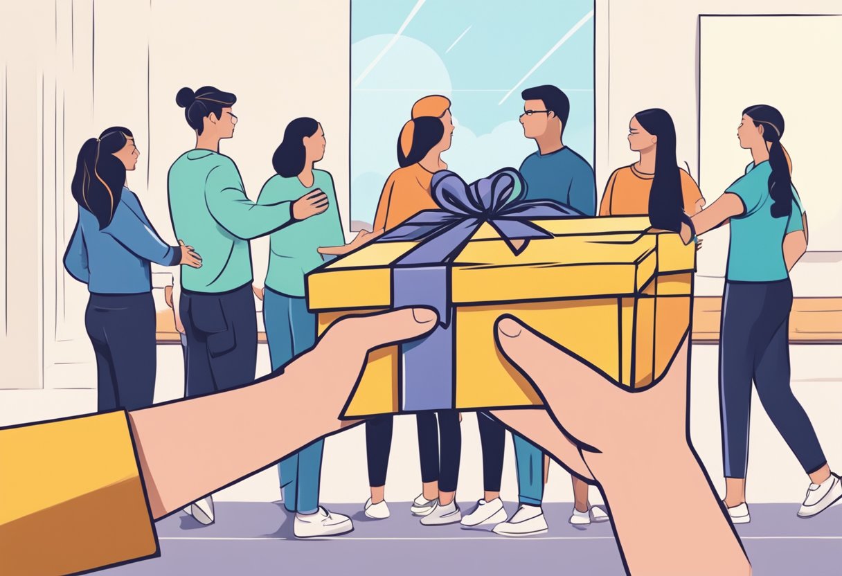 A hand reaching out to receive a personalized gift box with a supportive team in the background