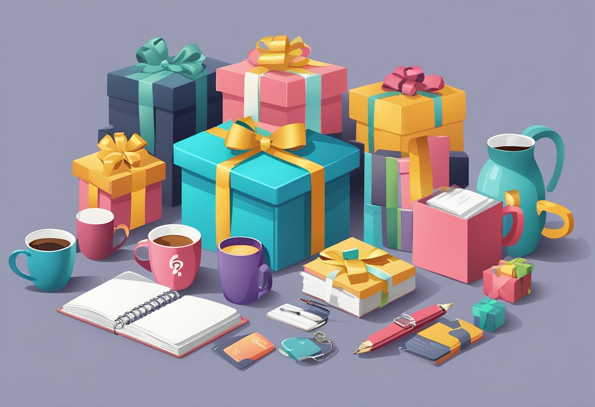 A gift box with "Frequently Asked Questions" printed on it, surrounded by various personalized items like mugs, keychains, and notebooks