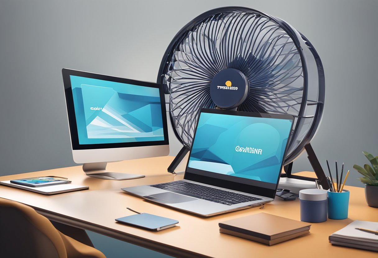 A branded fan sits on a sleek desk next to a gift box and a corporate logo