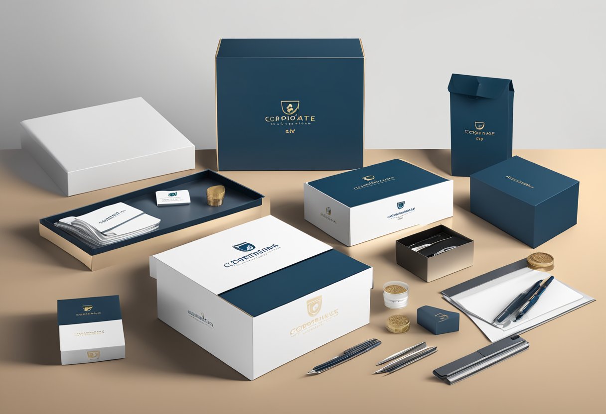 A sleek corporate gift box sits on a polished desk, adorned with the Corporate Gift Essentials logo. The box is open, revealing high-quality items inside