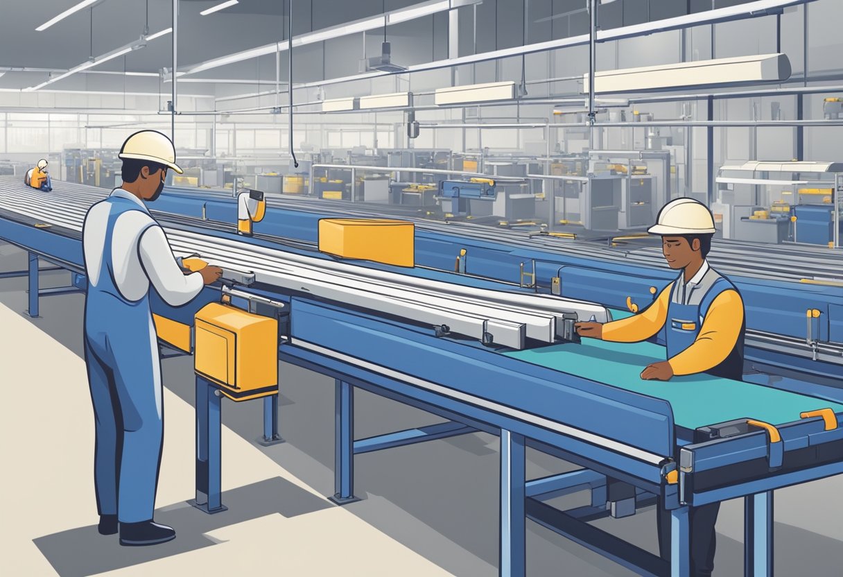 A factory worker assembles powerbanks on a conveyor belt in a clean, well-lit facility. Machinery hums as products move down the line for quality control checks