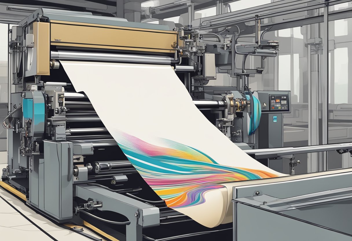 A paper bag being printed with a colorful design on a large printing press. Ink is being applied to the paper as it moves through the machine