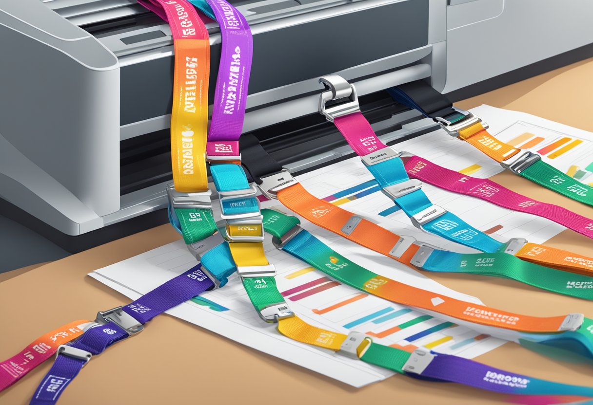 A stack of colorful lanyards with "Frequently Asked Questions" printed on them, alongside a printing machine and design templates