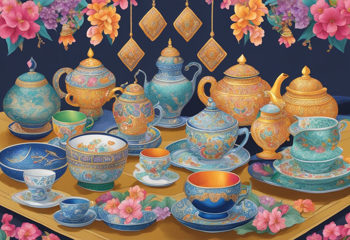 A table adorned with vibrant Peranakan corporate gifts, including intricate batik textiles, ornate porcelain teacups, and beaded jewelry