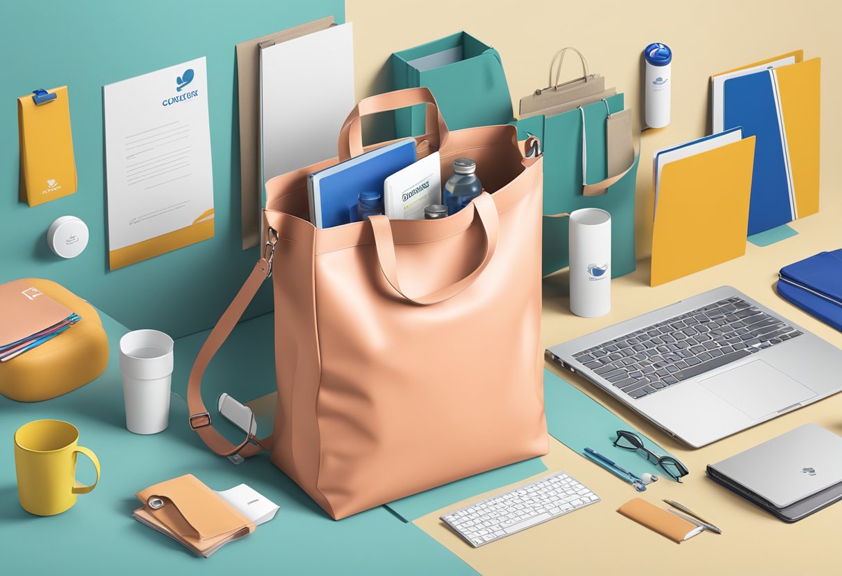 A branded dry bag sits among corporate gifts, surrounded by office supplies and a sleek modern backdrop