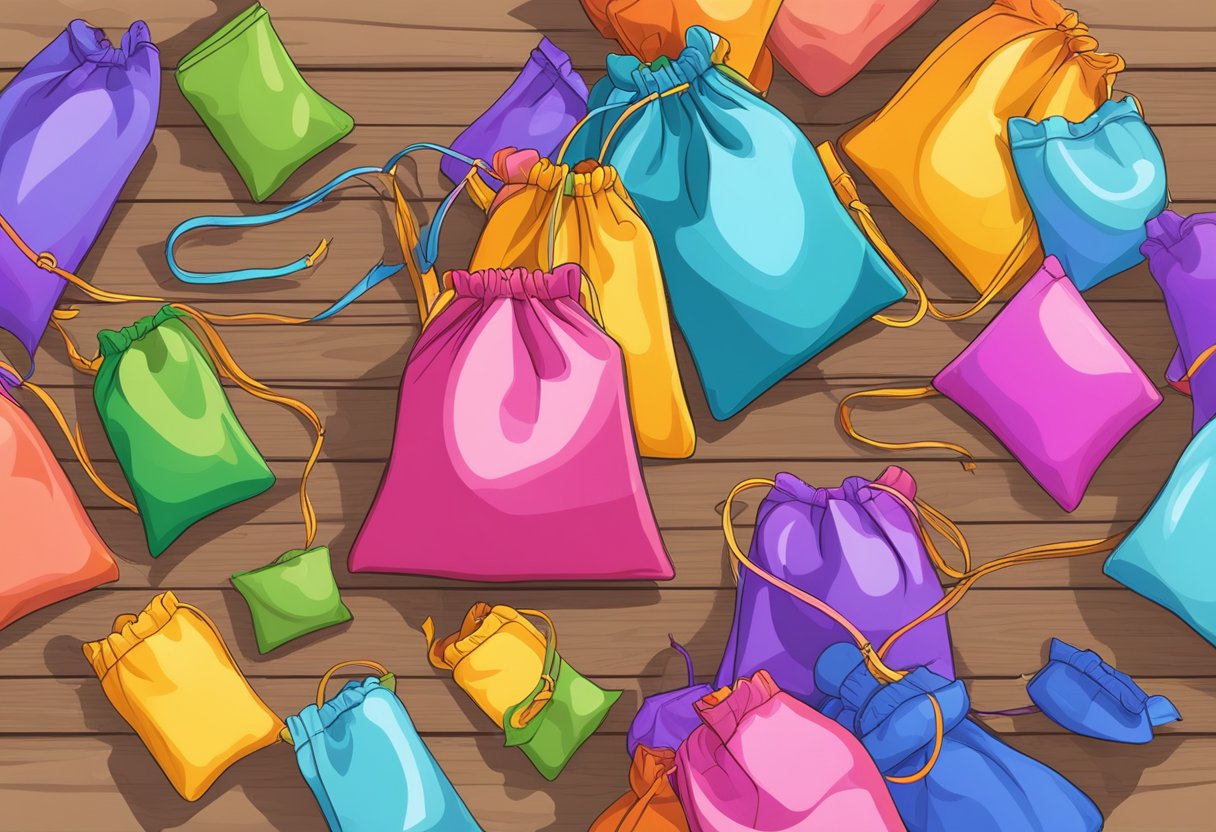 A drawstring bag lies open on a wooden table, spilling out colorful contents