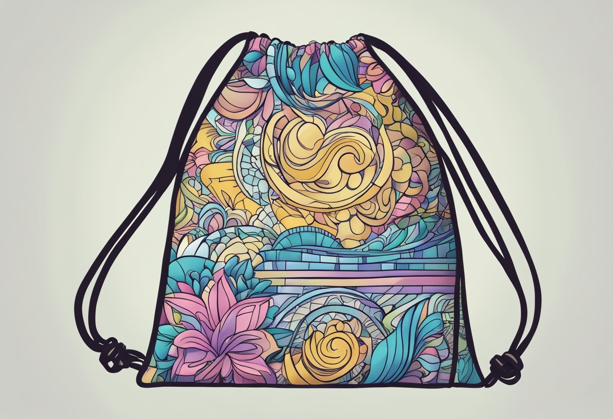 A hand-drawn drawstring bag with colorful patterns and customizable elements