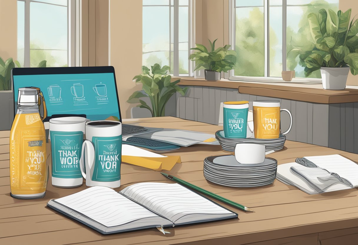A table displays branded mugs, notebooks, and gift baskets. A banner reads "Thank You for Your Hard Work."