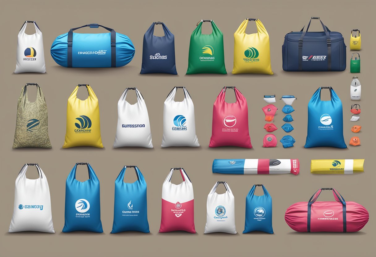 A table displaying various dry bags with corporate logos