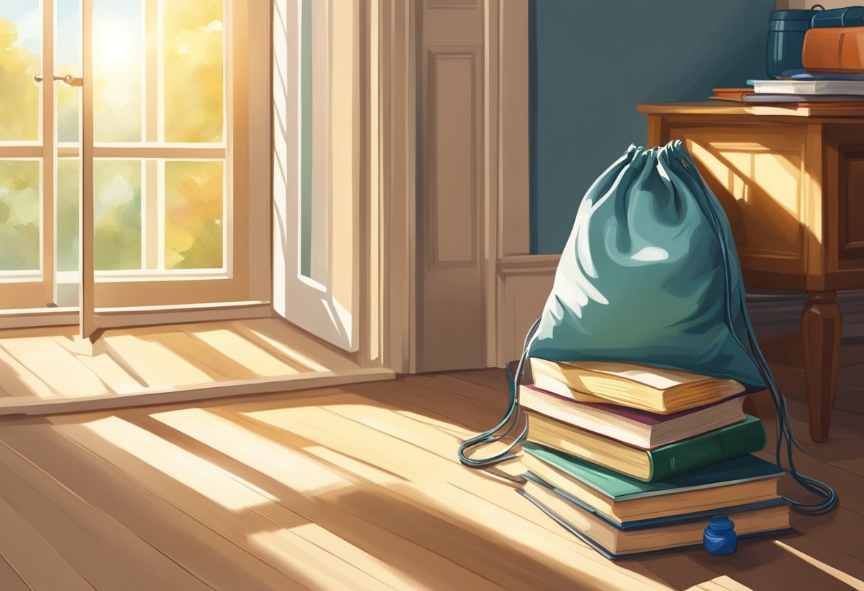 A drawstring bag hangs from a doorknob, filled with books and a water bottle. The sun shines through a nearby window, casting a soft shadow on the floor