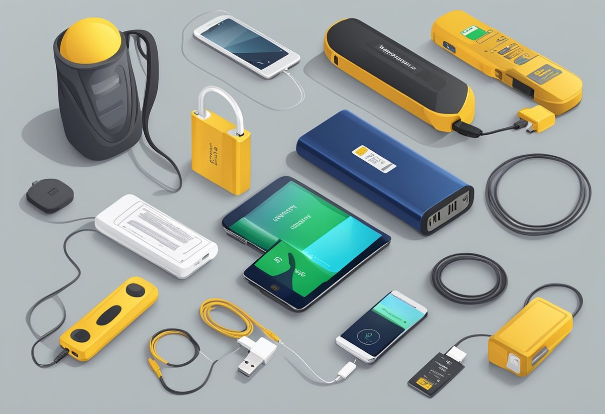 A power bank with "Compliance and Safety Standards" label surrounded by technical equipment and a checklist