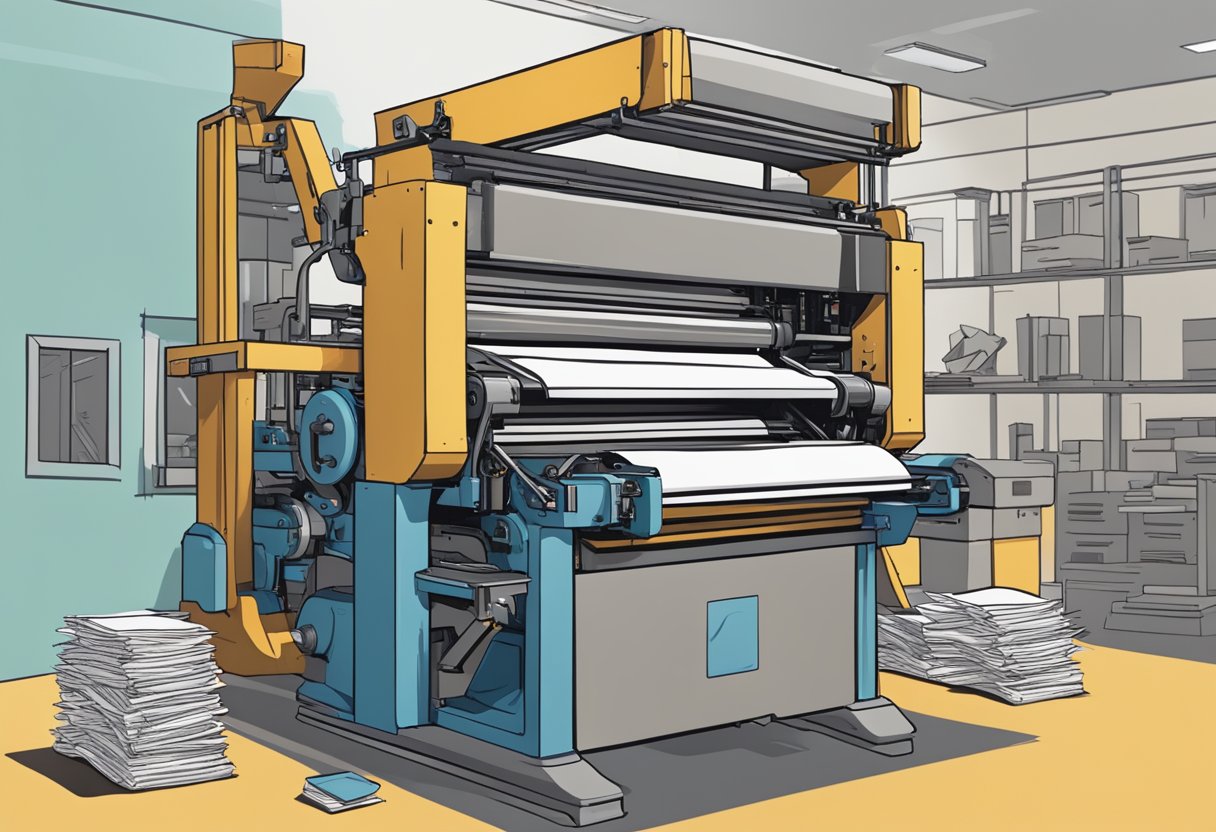 A printing press in action, with stacks of paper bags being fed into the machine and coming out with colorful designs, ready for distribution