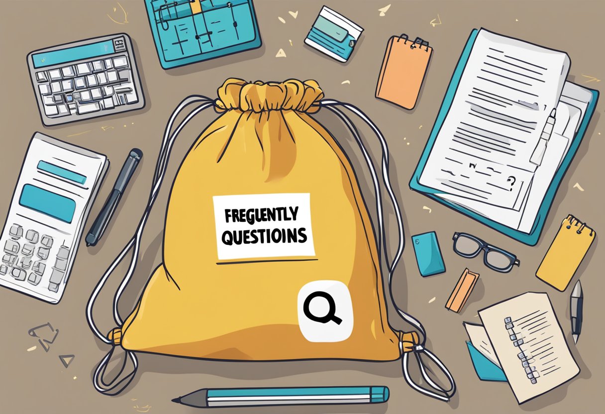 A drawstring bag with "Frequently Asked Questions" printed on it, surrounded by various question marks and symbols, sits on a desk
