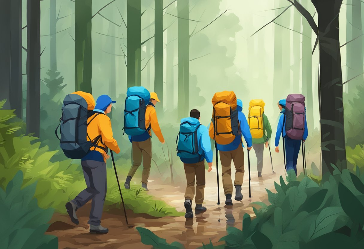 A group of hikers use dry bags to protect their gear from water while trekking through a rainy forest