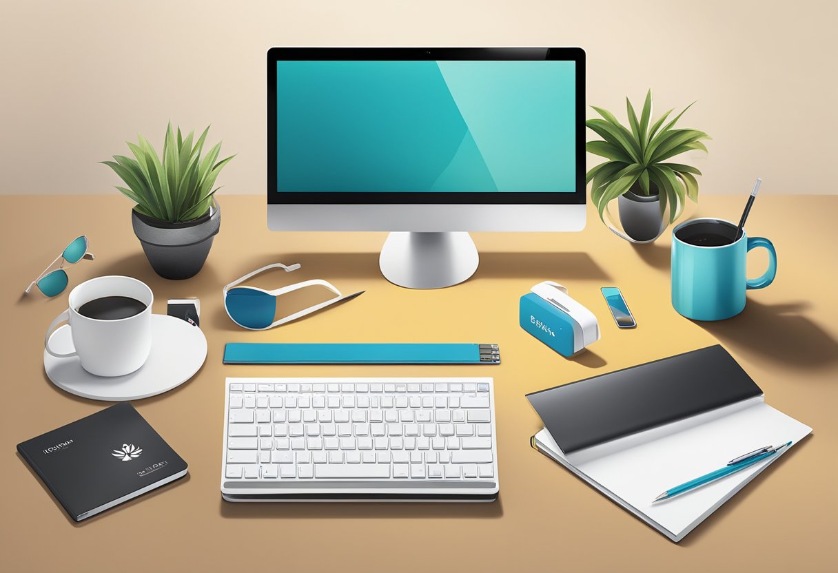 A sleek, modern office desk adorned with branded corporate fan gifts, including custom-designed mugs, high-quality notebooks, and stylish tech accessories