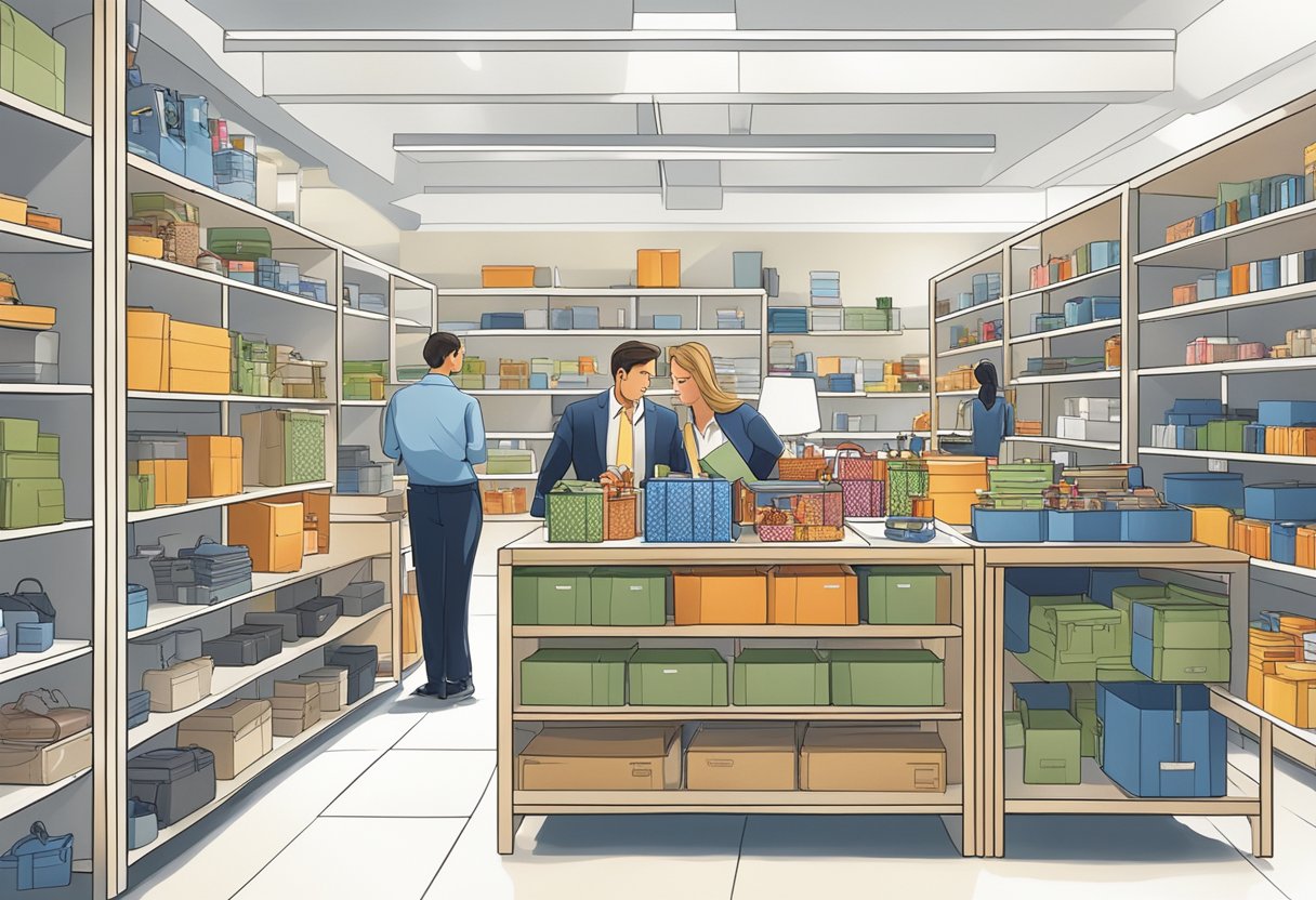 Employees browsing through a variety of corporate gifts displayed on shelves and tables in a well-lit and organized showroom