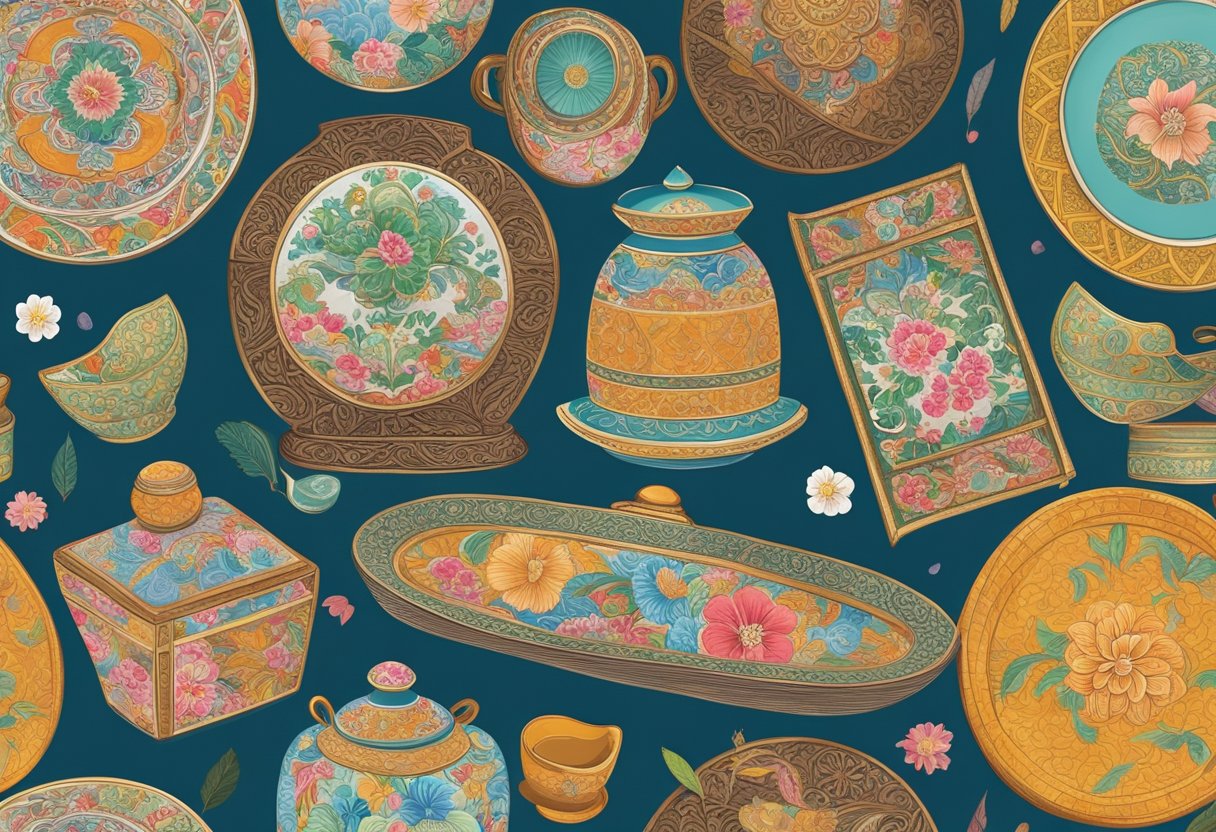 A colorful array of Peranakan-inspired corporate gifts displayed on a traditional wooden table, surrounded by intricate batik patterns and vintage porcelain