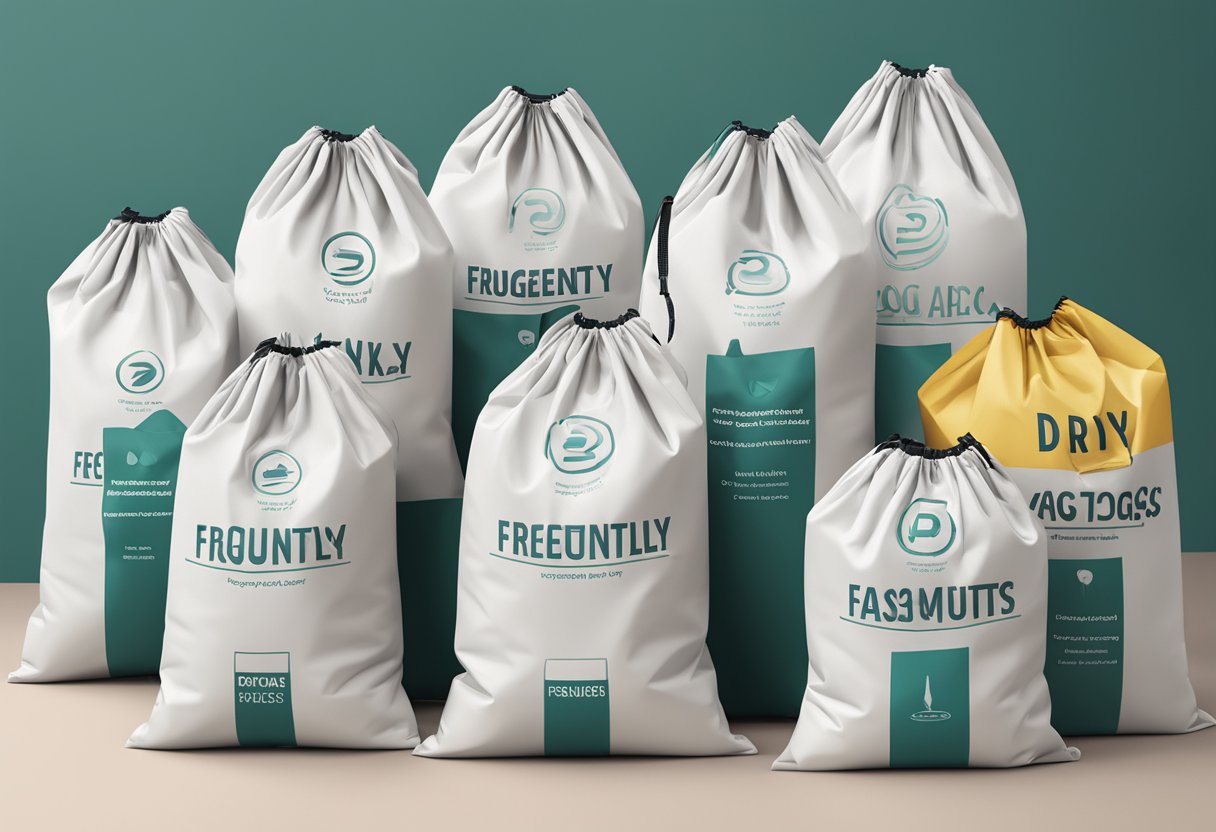 A stack of branded dry bags with "Frequently Asked Questions corporate gifts" printed on them