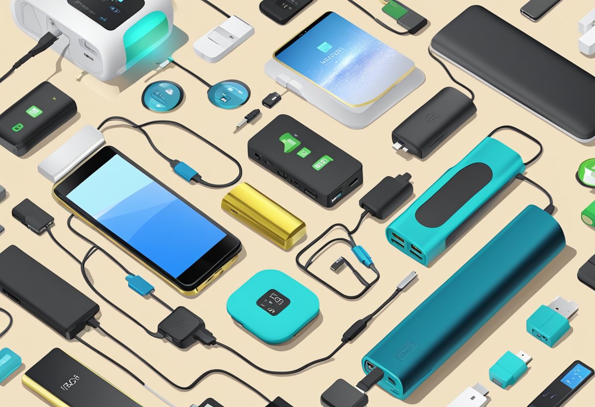A powerbank with FAQ text, surrounded by various electronic devices