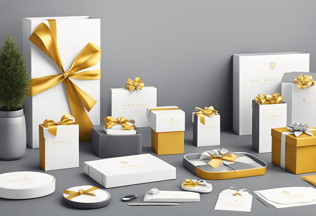 A table adorned with branded gift boxes, personalized stationery, and elegant promotional items. A backdrop of a modern office setting with a focus on the corporate gifting display