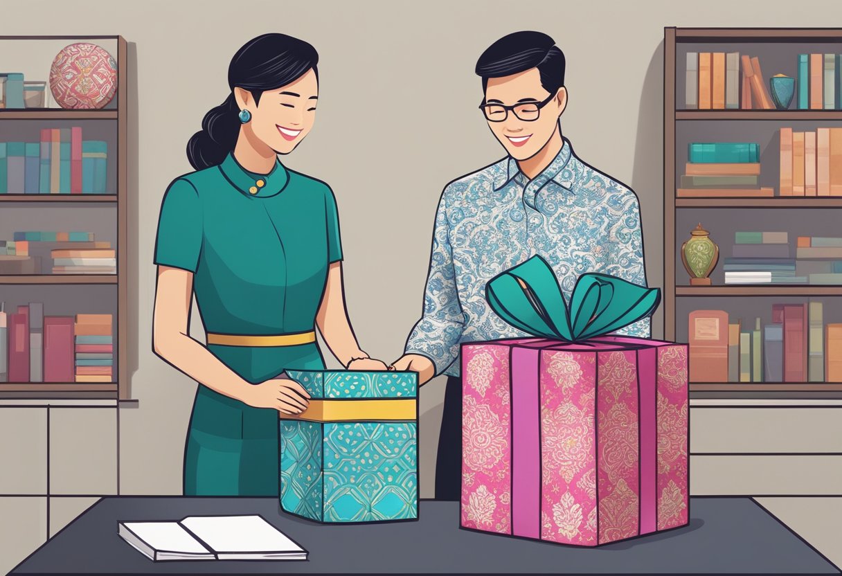 A businessperson presents a traditional Peranakan gift to a client in a modern office setting. The gift is beautifully wrapped and adorned with intricate Peranakan patterns and designs
