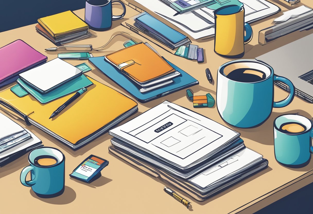 A table with various corporate gifts like mugs, pens, and gift cards. A sign with "Frequently Asked Questions" displayed prominently