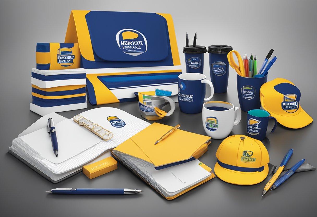 A table filled with branded corporate gifts in Durban, including mugs, pens, and notebooks. A company logo is prominently displayed on each item
