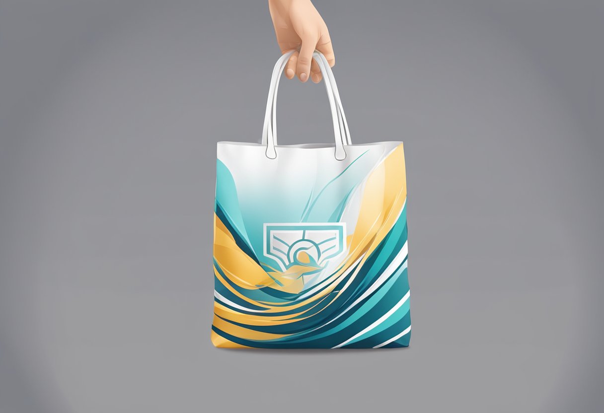 A hand holding a bag with a logo printed on it