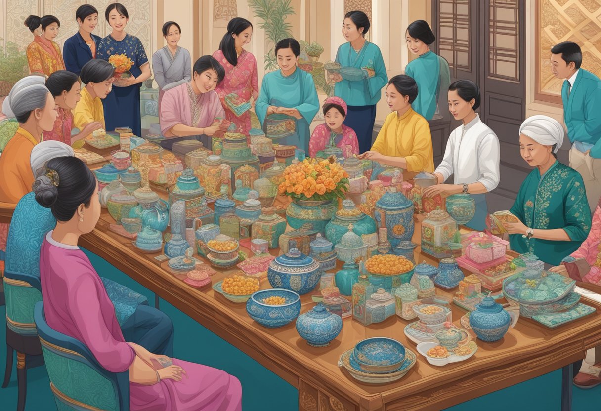 A table filled with Peranakan-inspired corporate gifts, surrounded by curious onlookers