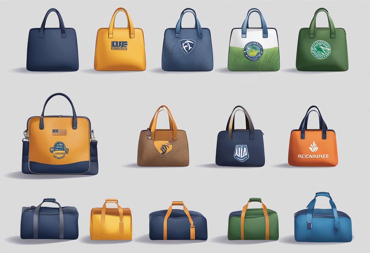 A hand reaching for a custom bag with various logo options displayed